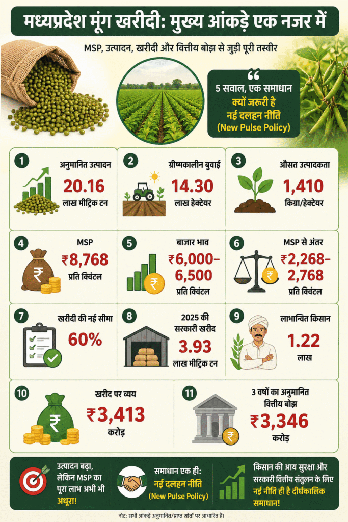 नई दलहन नीति (New Pulse Policy) पर आधारित मध्यप्रदेश मूंग खरीदी इन्फोग्राफिक। 20.16 लाख मीट्रिक टन उत्पादन, 60% खरीदी, MSP ₹8,768 प्रति क्विंटल, बाजार भाव, सरकारी खरीद और ₹3,346 करोड़ वित्तीय बोझ के प्रमुख आंकड़े।