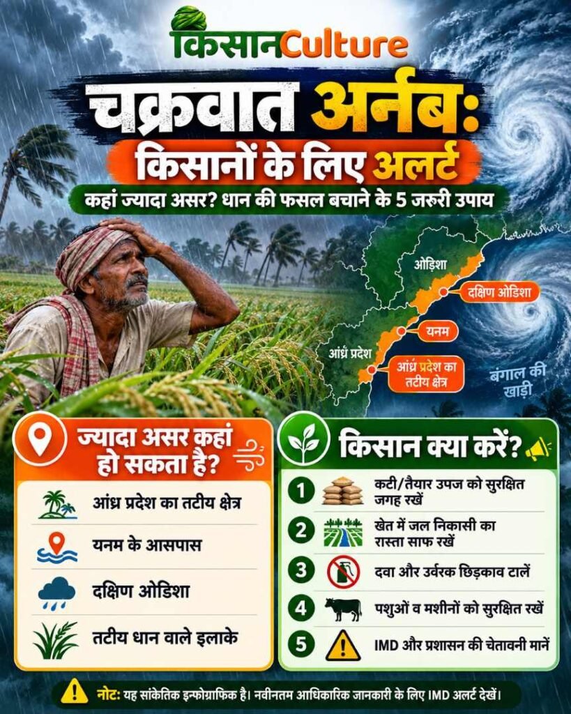चक्रवात अर्नब से प्रभावित हो सकने वाले आंध्र प्रदेश और ओडिशा के तटीय इलाके, धान की फसल के खतरे और किसानों के लिए छह बचाव उपाय दिखाता इन्फोग्राफिक।