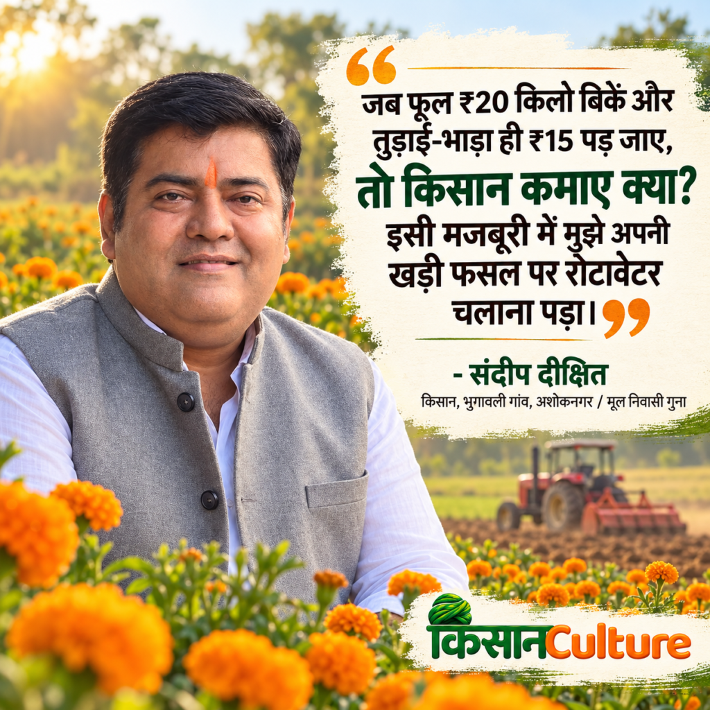 गेंदे की खेती में नुकसान झेलने वाले किसान संदीप दीक्षित का फोटो-कोट, जिसमें ₹20 किलो फूल का भाव, ₹15 तुड़ाई और परिवहन खर्च तथा 10 बीघा फसल उजाड़ने की मजबूरी बताई गई है।