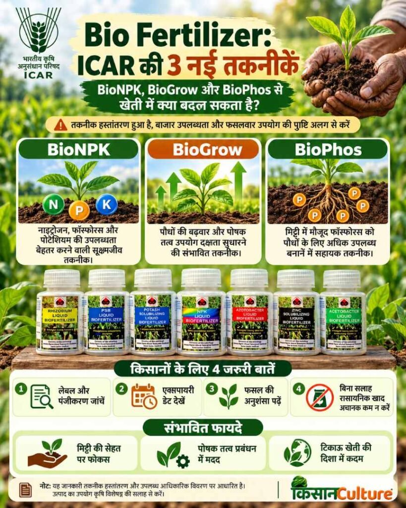 Bio Fertilizer इन्फोग्राफिक में ICAR की BioNPK, BioGrow और BioPhos तकनीकें, पौधों के पोषण, मिट्टी की सेहत और किसानों के लिए जरूरी सावधानियां।