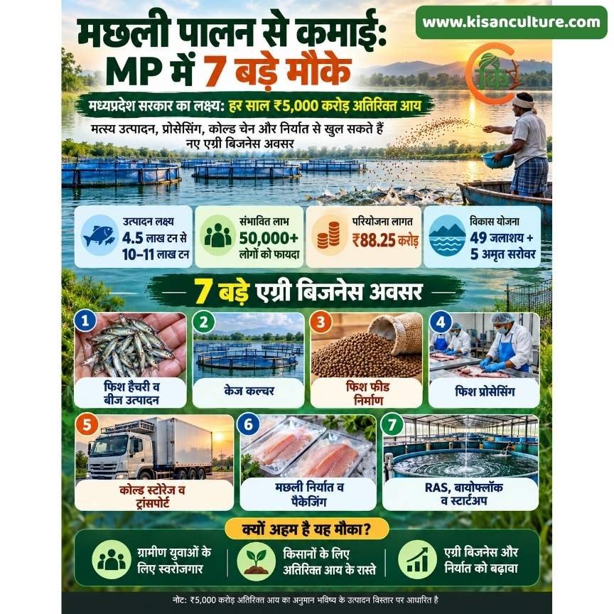 मध्यप्रदेश में मछली पालन से कमाई के 7 एग्री बिजनेस अवसर, ₹5,000 करोड़ अतिरिक्त आय का लक्ष्य, केज कल्चर, फिश हैचरी और प्रोसेसिंग का इन्फोग्राफिक।