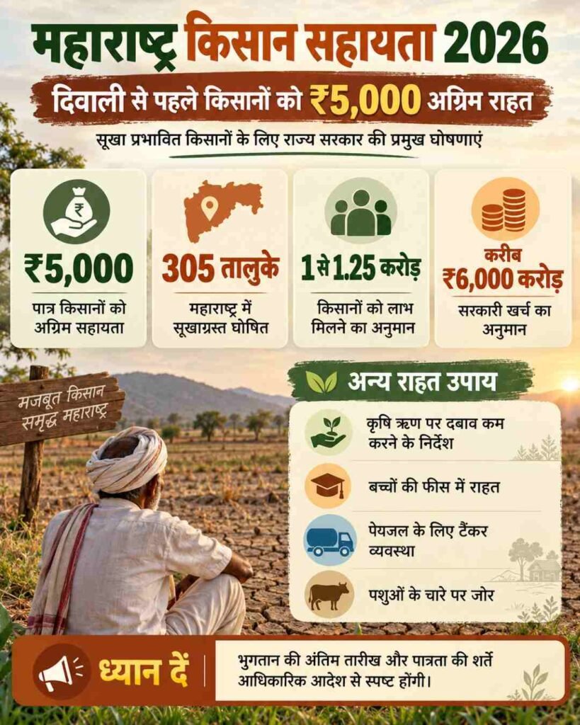 महाराष्ट्र किसान सहायता 2026 पर हिंदी इंफोग्राफिक, जिसमें दिवाली से पहले किसानों को ₹5,000 अग्रिम राहत, 305 सूखाग्रस्त तालुके, 1 से 1.25 करोड़ किसानों को संभावित लाभ और अन्य राहत उपाय दिखाए गए हैं