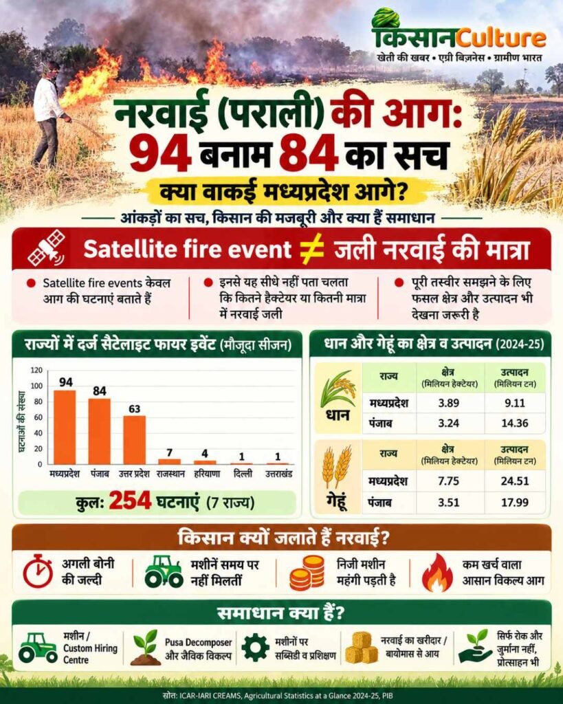 मध्यप्रदेश और पंजाब में नरवाई पराली जलाने की घटनाओं, कारणों और समाधान का इन्फोग्राफिक