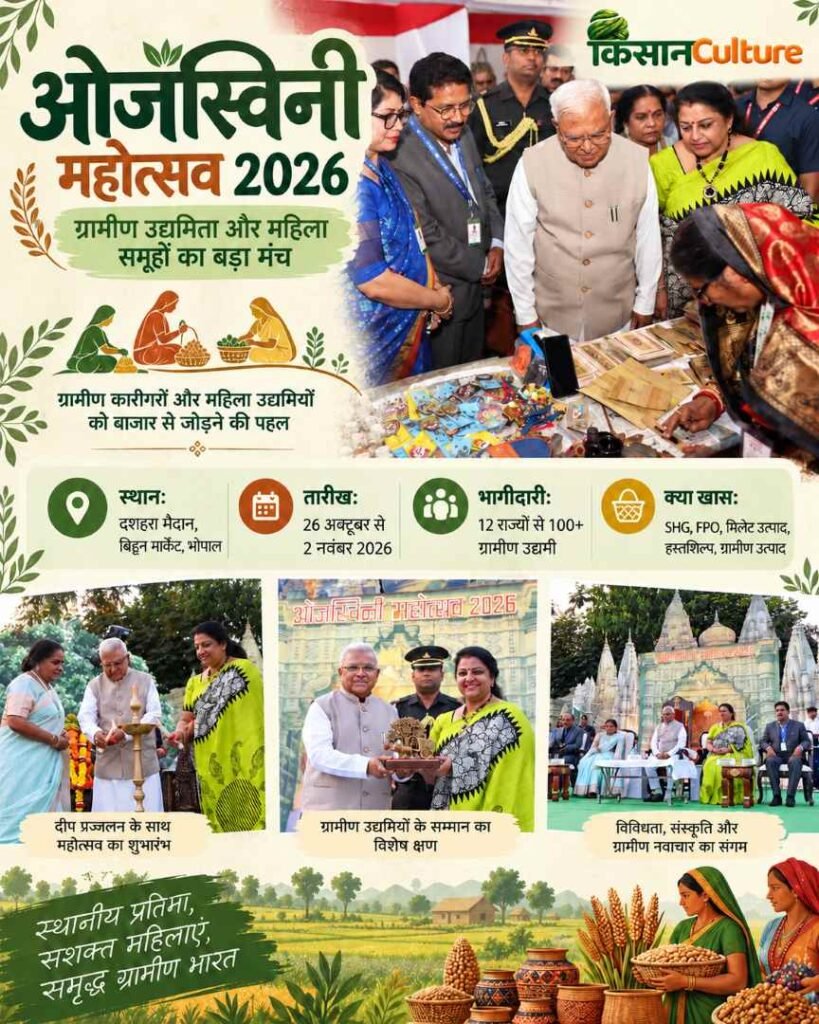 ओजस्विनी महोत्सव 2026 का इन्फोग्राफिक, जिसमें राज्यपाल मंगुभाई पटेल द्वारा ग्रामीण उत्पादों के स्टॉल का अवलोकन, दीप प्रज्वलन और भोपाल में आयोजित महोत्सव की जानकारी दिखाई गई है।