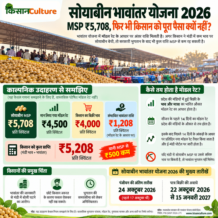 सोयाबीन भावांतर योजना 2026 में ₹5,708 MSP, मॉडल रेट ₹4,500 और किसान को ₹5,208 मिलने का काल्पनिक गणित समझाता इंफोग्राफिक