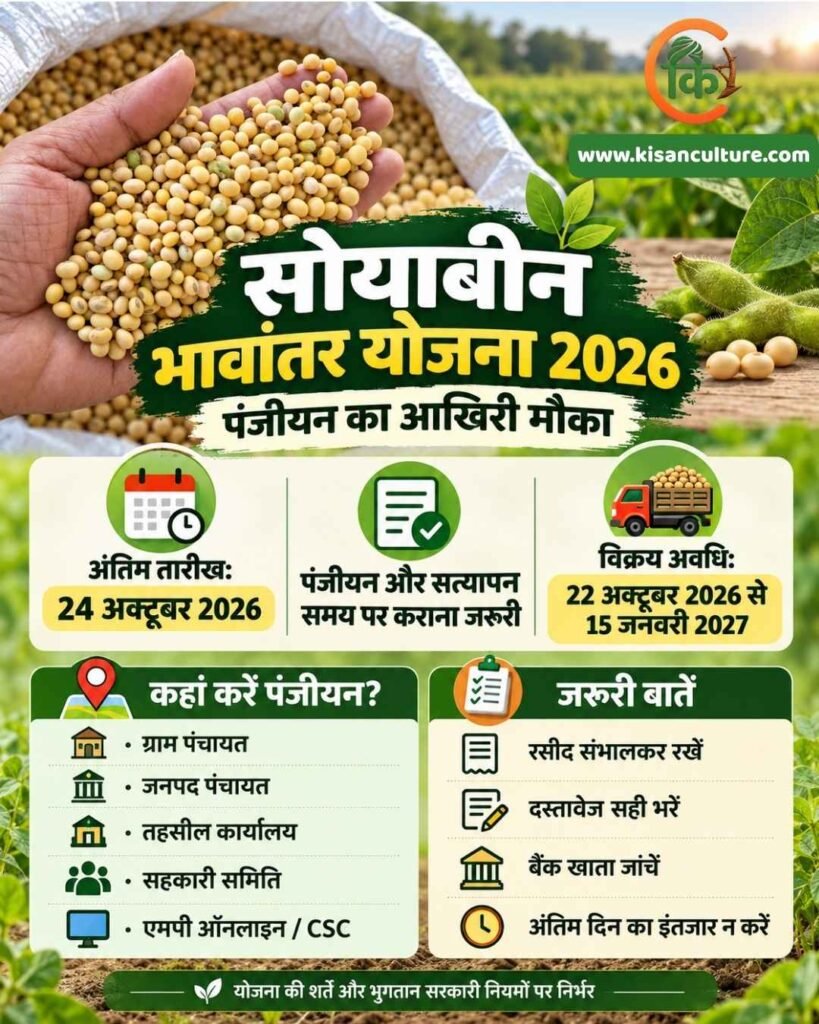 सोयाबीन भावांतर योजना 2026 की अंतिम तारीख, पंजीयन और विक्रय अवधि बताता इंफोग्राफिक