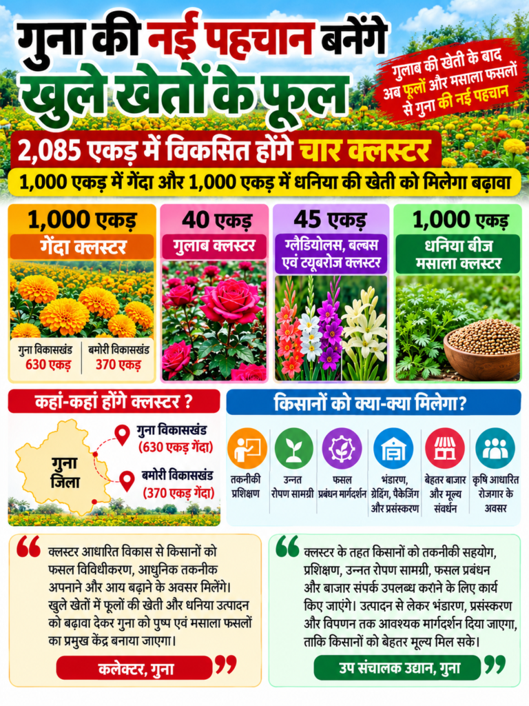 गुना में 2,085 एकड़ में फूलों और धनिया के चार क्लस्टर विकसित करने की योजना का इन्फोग्राफिक