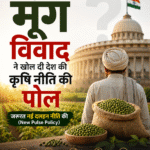 मूंग विवाद पर आधारित प्रीमियम फीचर इमेज, जिसमें किसान, संसद भवन, मूंग की फसल और नई दलहन नीति (New Pulse Policy) की जरूरत को दर्शाया गया है।