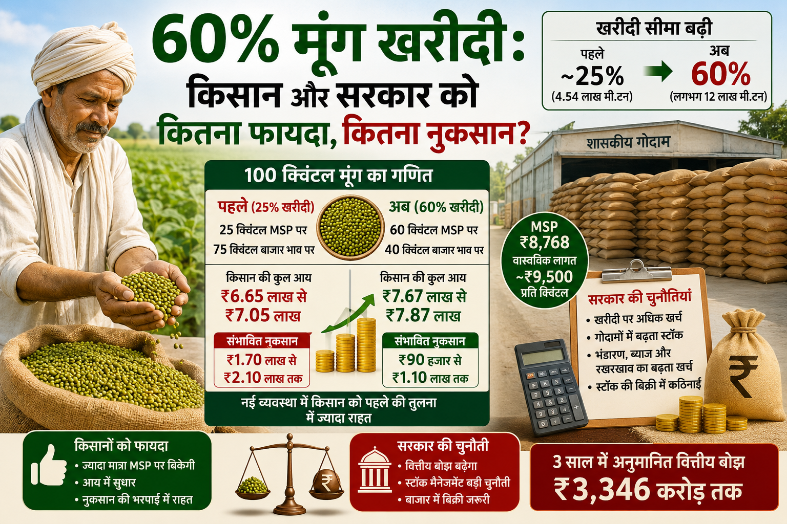 60% मूंग Moong खरीदी का गणित दिखाती इन्फोग्राफिक। 100 क्विंटल मूंग के उदाहरण से MSP, किसान की आय, सरकारी खरीद, सरकारी खर्च और MP मूंग Moong Procurement 2026 का विश्लेषण।