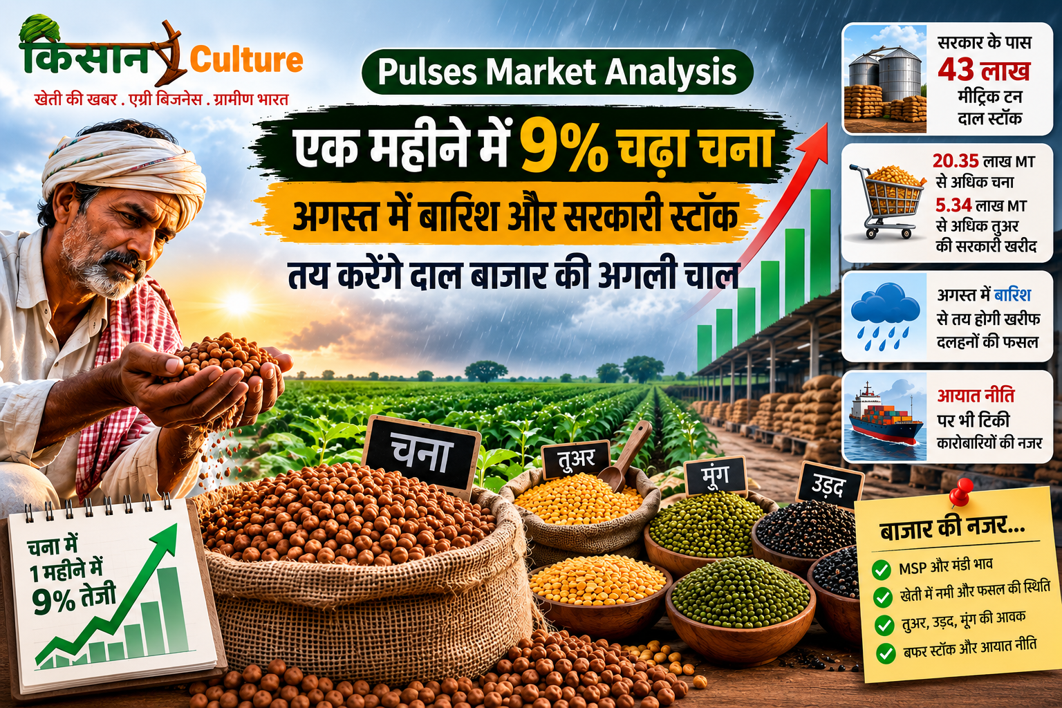 Pulses Market Analysis: जून में चना 9% चढ़ा, अगस्त में बारिश, MSP, सरकारी स्टॉक और खरीफ दलहनों की फसल दाल बाजार की दिशा तय करेंगे।