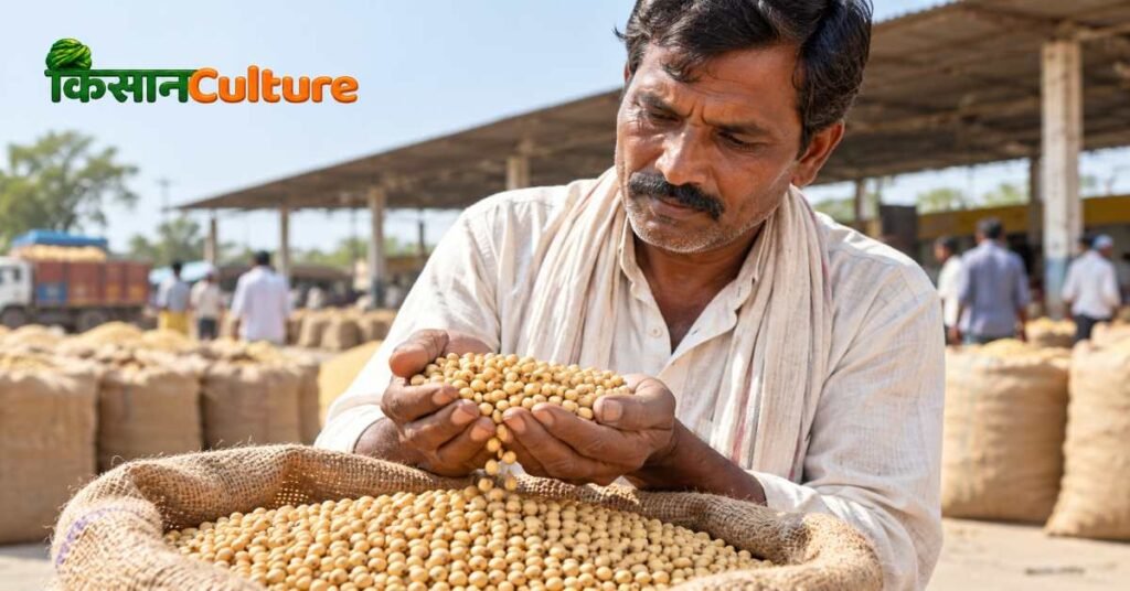सोयाबीन भावांतर योजना 2026 : मंडी में सोयाबीन से भरे बोरे के ऊपर हाथों में उपज लेकर देखता किसान, सांकेतिक चित्रमंडी में सोयाबीन से भरे बोरे के ऊपर हाथों में उपज लेकर देखता किसान, सांकेतिक चित्र