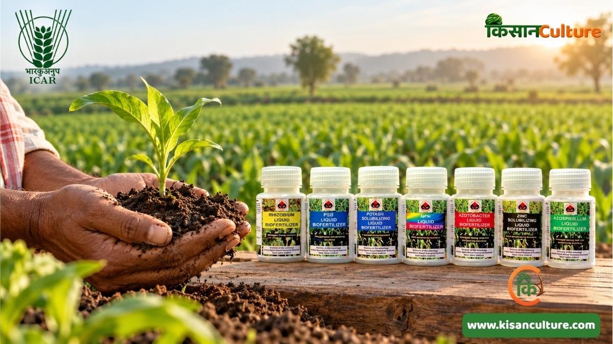 Bio Fertilizer की बोतलों के साथ किसान के हाथों में मिट्टी और हरा पौधा, ICAR की जैव उर्वरक तकनीकों पर सांकेतिक फीचर इमेज।