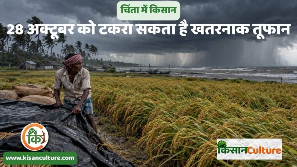 चक्रवात अर्नब की आशंका के बीच समुद्र तट के पास धान के खेत में अपनी उपज सुरक्षित करता किसान और आसमान में घने बादल।