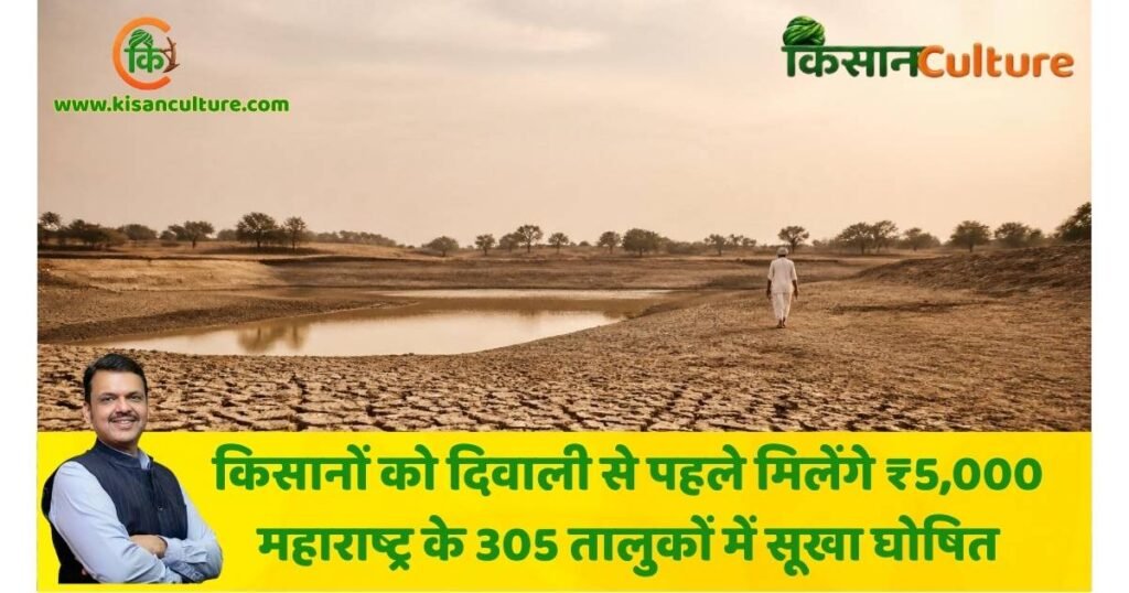 महाराष्ट्र किसान सहायता के तहत ₹5,000 राहत की घोषणा, मुख्यमंत्री देवेंद्र फडणवीस और सूखा प्रभावित किसानों का AI प्रतीकात्मक चित्र