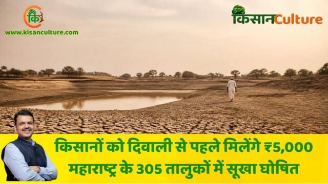 महाराष्ट्र किसान सहायता के तहत ₹5,000 राहत की घोषणा, मुख्यमंत्री देवेंद्र फडणवीस और सूखा प्रभावित किसानों का AI प्रतीकात्मक चित्र